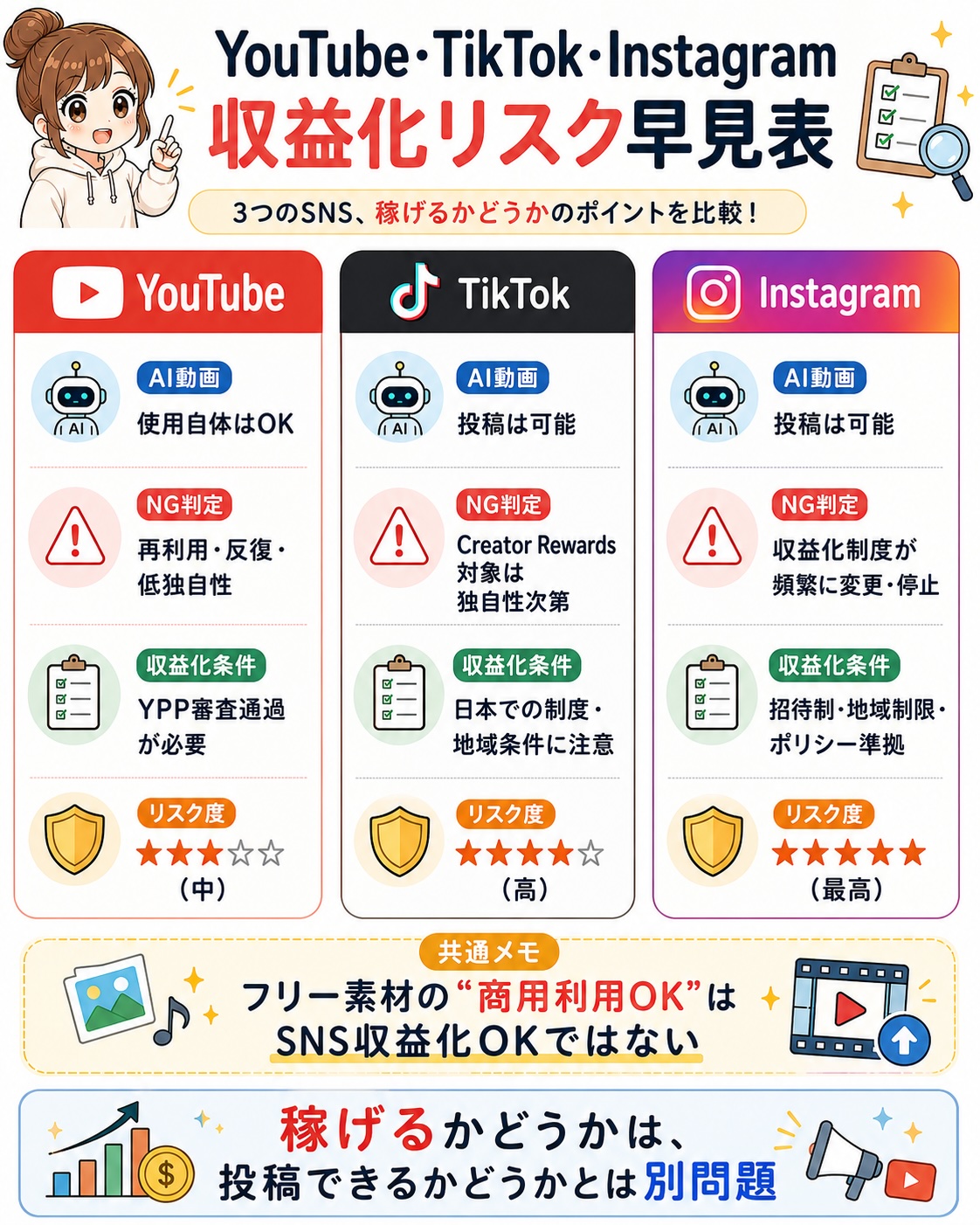 YouTube・TikTok・InstagramのAI動画収益化リスク早見表